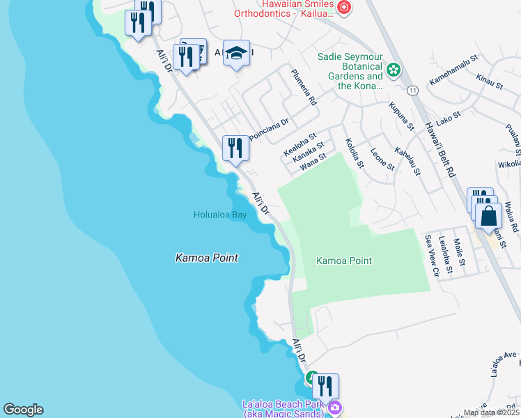 map of restaurants, bars, coffee shops, grocery stores, and more near 76-6268 Alii Drive in Kailua-Kona