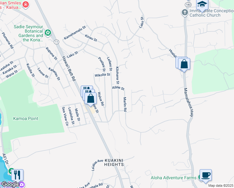 map of restaurants, bars, coffee shops, grocery stores, and more near 77-6454 Kilohana Street in Kailua-Kona