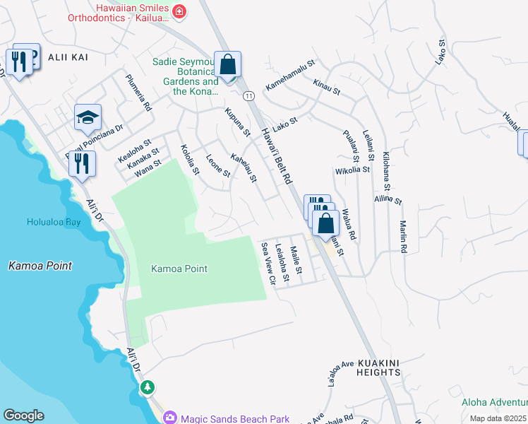 map of restaurants, bars, coffee shops, grocery stores, and more near 77-6393 Kaheiau Street in Kailua-Kona