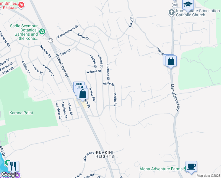 map of restaurants, bars, coffee shops, grocery stores, and more near 77-6453 Kilohana Street in Kailua-Kona