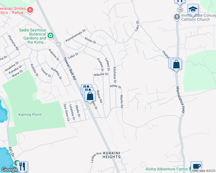 map of restaurants, bars, coffee shops, grocery stores, and more near 77-6434 Leilani Street in Kailua-Kona