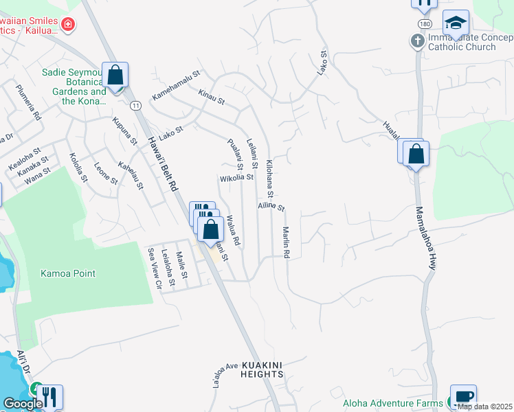 map of restaurants, bars, coffee shops, grocery stores, and more near 77 Leilani Street in Kailua-Kona