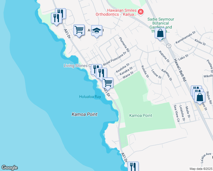 map of restaurants, bars, coffee shops, grocery stores, and more near 76-6251 Ali‘i Drive in Kailua-Kona