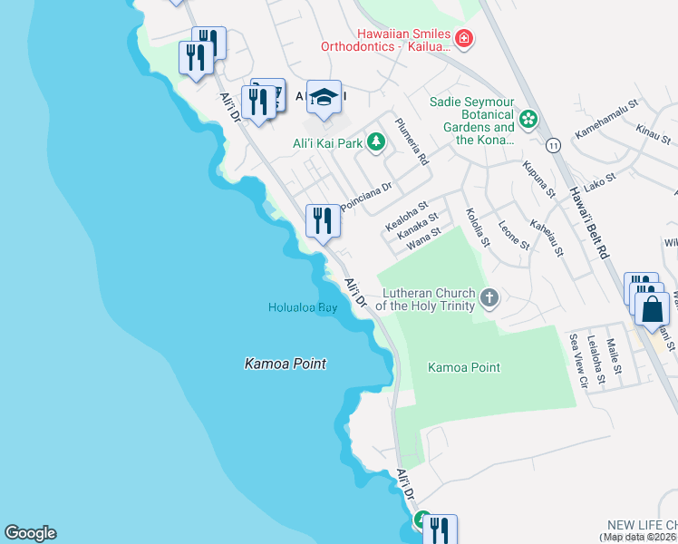 map of restaurants, bars, coffee shops, grocery stores, and more near 76-6246 Ali‘i Drive in Kailua-Kona