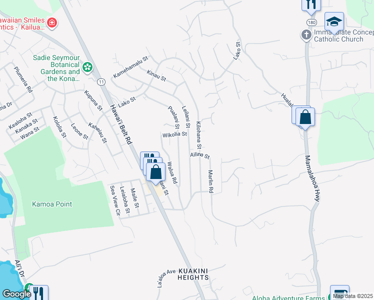 map of restaurants, bars, coffee shops, grocery stores, and more near 77-6434 Leilani Street in Kailua-Kona