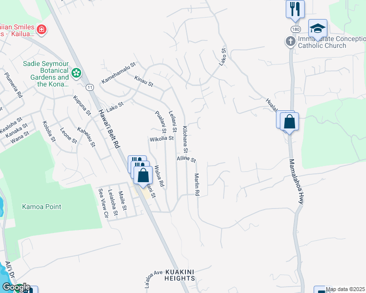 map of restaurants, bars, coffee shops, grocery stores, and more near 77-6428 Kilohana Street in Kailua-Kona