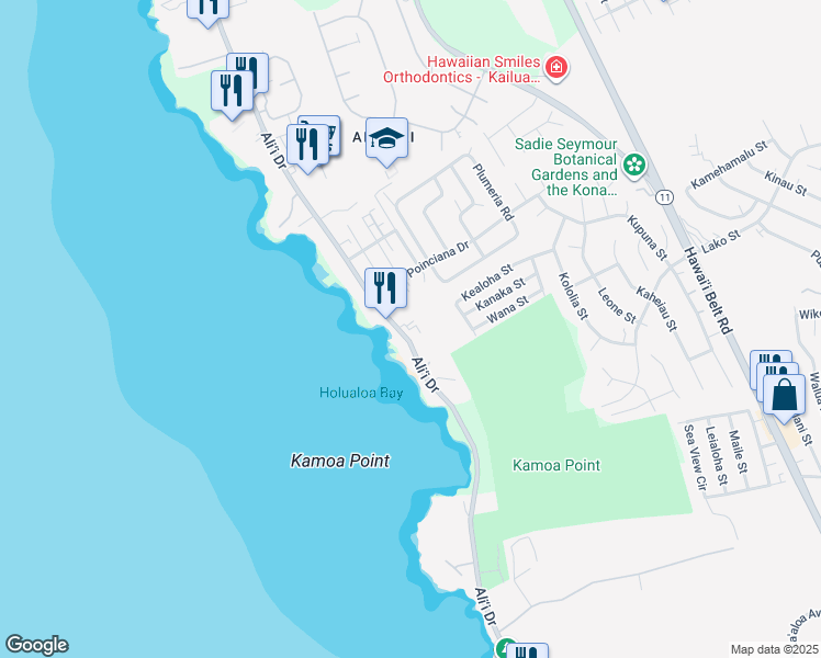 map of restaurants, bars, coffee shops, grocery stores, and more near 76-6233 Alii Drive in Kailua-Kona