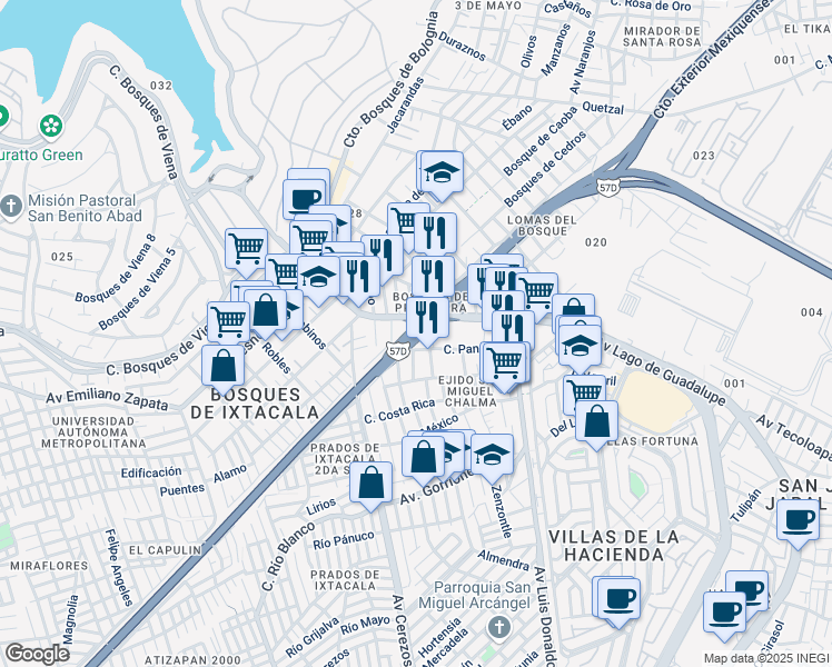 map of restaurants, bars, coffee shops, grocery stores, and more near Carretera Federal 57 de Cuota in Ciudad López Mateos