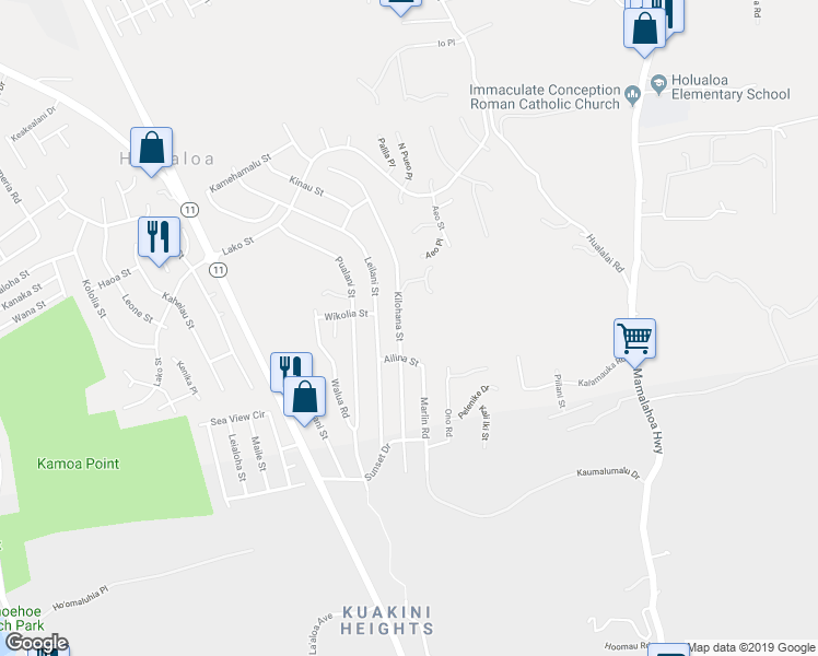 map of restaurants, bars, coffee shops, grocery stores, and more near 77-6425 Kilohana Street in Kailua-Kona