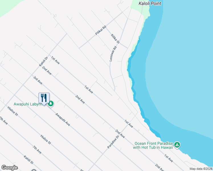 map of restaurants, bars, coffee shops, grocery stores, and more near 15-1634 Beach Road in Keaau