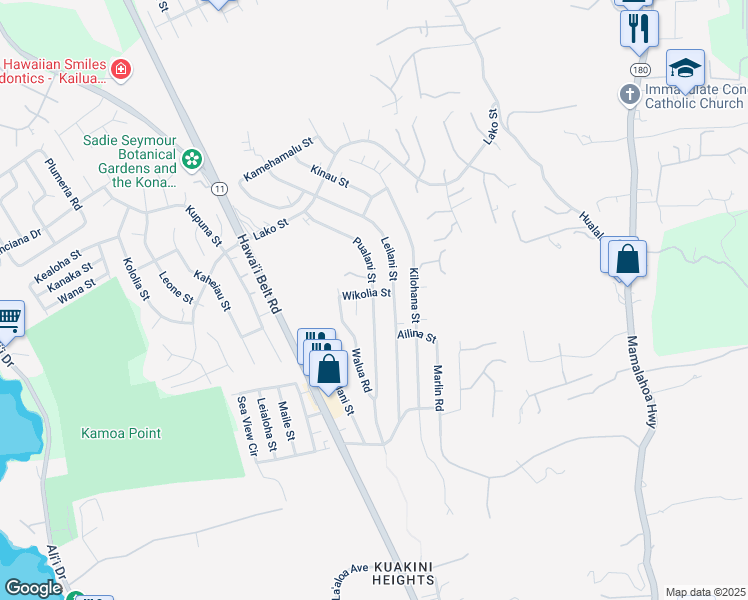 map of restaurants, bars, coffee shops, grocery stores, and more near 77-283 Wikolia Street in Kailua-Kona