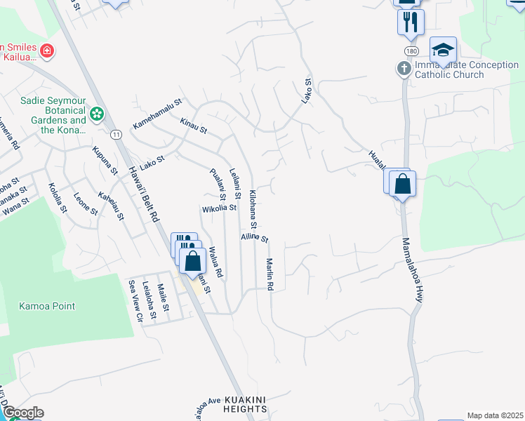 map of restaurants, bars, coffee shops, grocery stores, and more near 77-6421 Kilohana Street in Kailua-Kona
