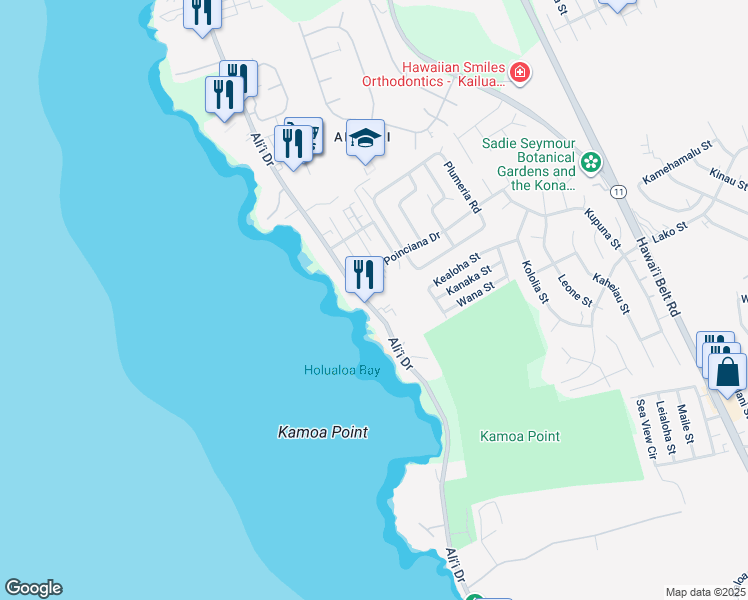 map of restaurants, bars, coffee shops, grocery stores, and more near 76-6225 Alii Drive in Kailua-Kona