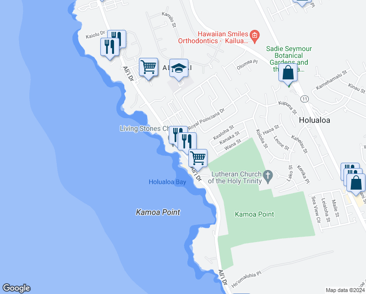 map of restaurants, bars, coffee shops, grocery stores, and more near 76-6225 Ali‘i Drive in Kailua-Kona