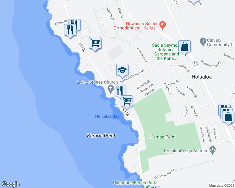 map of restaurants, bars, coffee shops, grocery stores, and more near 76-6225 Ali‘i Drive in Kailua-Kona