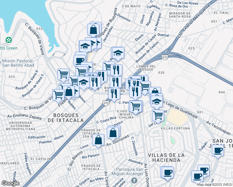 map of restaurants, bars, coffee shops, grocery stores, and more near Carretera Federal 57 de Cuota in Ciudad López Mateos