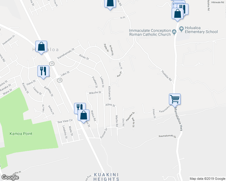 map of restaurants, bars, coffee shops, grocery stores, and more near 77-6413 Kilohana Street in Kailua-Kona