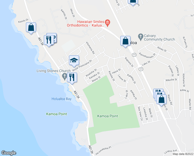 map of restaurants, bars, coffee shops, grocery stores, and more near 76-326 Wana Street in Kailua-Kona