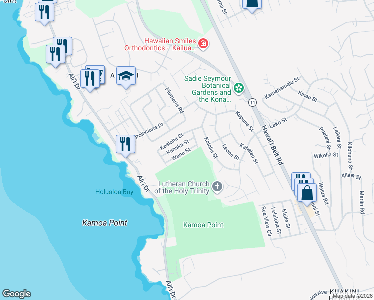 map of restaurants, bars, coffee shops, grocery stores, and more near 76-326 Wana Street in Kailua-Kona
