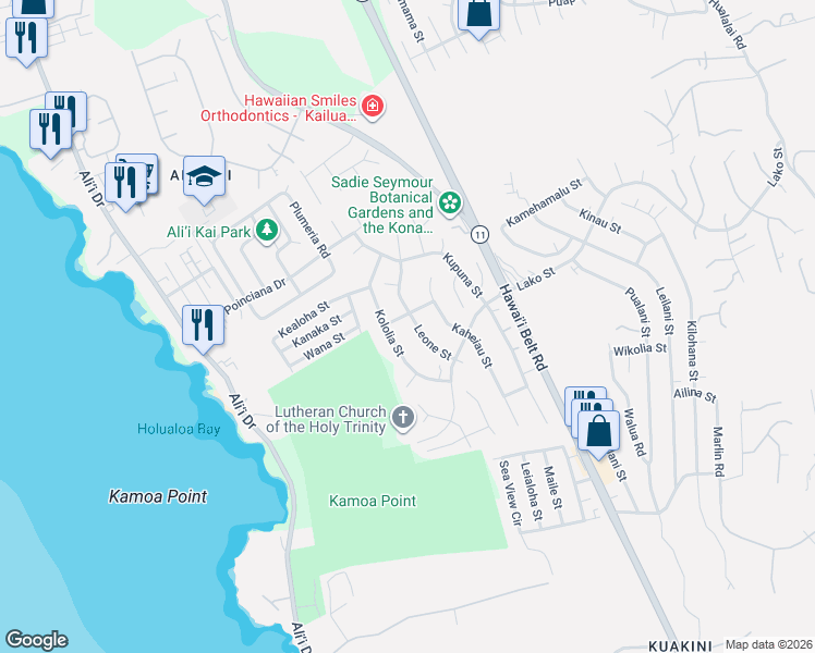 map of restaurants, bars, coffee shops, grocery stores, and more near 76-6320 Leone Street in Kailua-Kona