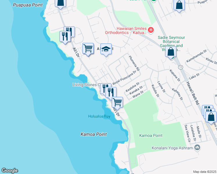 map of restaurants, bars, coffee shops, grocery stores, and more near 76 Royal Poinciana Drive in Kailua-Kona