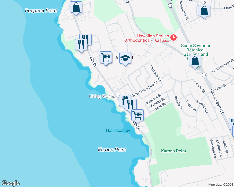 map of restaurants, bars, coffee shops, grocery stores, and more near 76-6189 Ali‘i Drive in Kailua-Kona