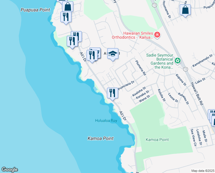 map of restaurants, bars, coffee shops, grocery stores, and more near 76-6189 Ali‘i Drive in Kailua-Kona