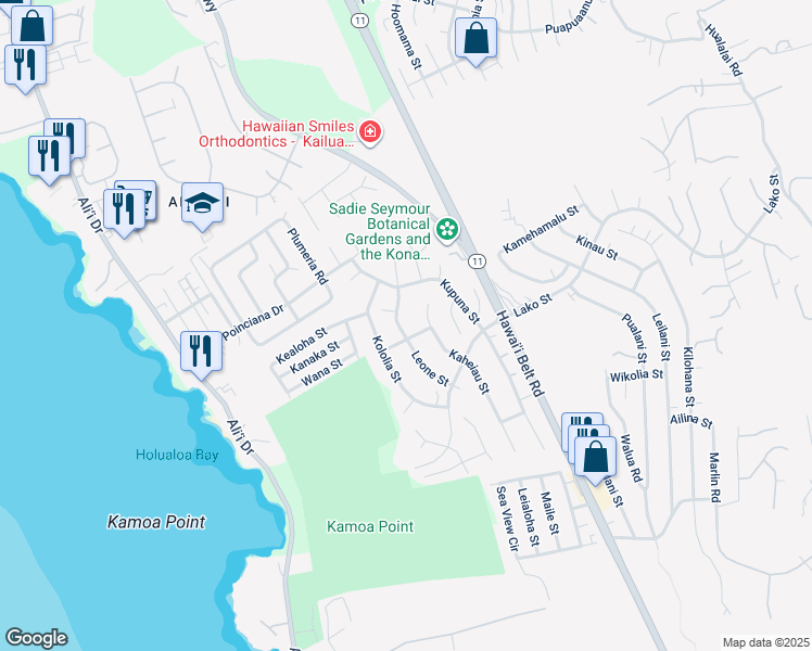 map of restaurants, bars, coffee shops, grocery stores, and more near 76-6303 Leone Street in Kailua-Kona