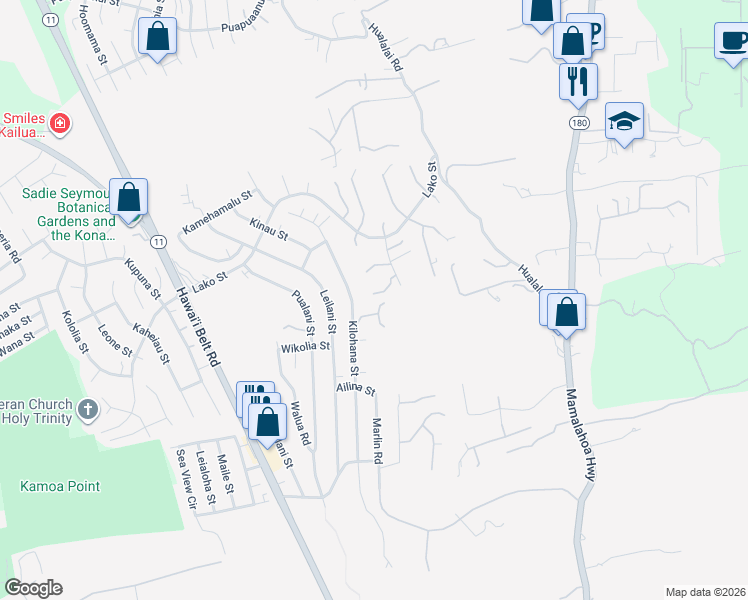 map of restaurants, bars, coffee shops, grocery stores, and more near 76-6415 Nightingale Lane in Kailua-Kona