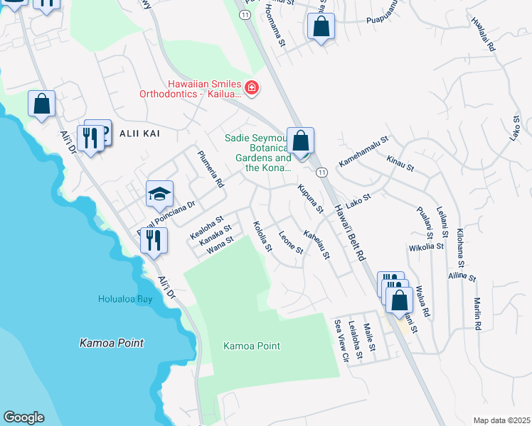 map of restaurants, bars, coffee shops, grocery stores, and more near 76-6303 Leone Street in Kailua-Kona