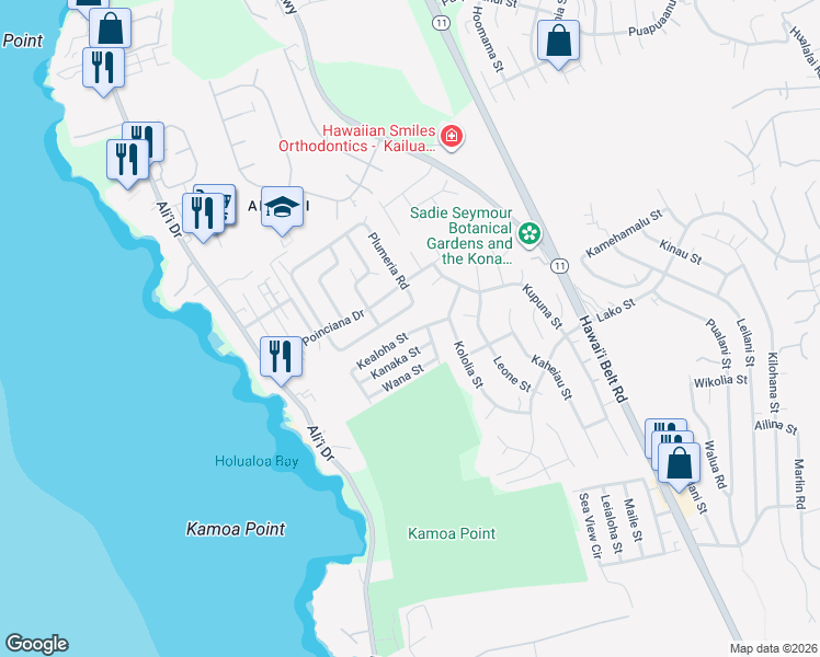 map of restaurants, bars, coffee shops, grocery stores, and more near 76-252 Kealoha Street in Kailua-Kona