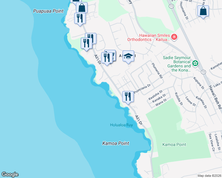 map of restaurants, bars, coffee shops, grocery stores, and more near 76-6174C Ali‘i Drive in Kailua-Kona