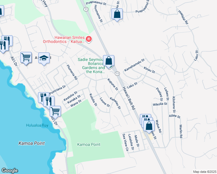map of restaurants, bars, coffee shops, grocery stores, and more near 76-6306 Mahuahua Place in Kailua-Kona