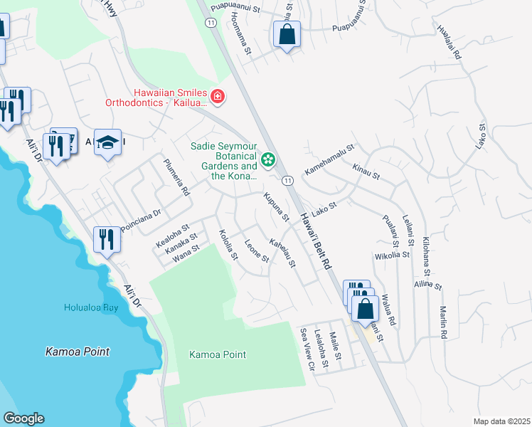 map of restaurants, bars, coffee shops, grocery stores, and more near 76-6306 Mahuahua Place in Kailua-Kona