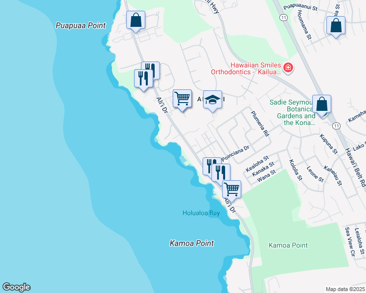 map of restaurants, bars, coffee shops, grocery stores, and more near 76-6168 Alii Drive in Kailua-Kona