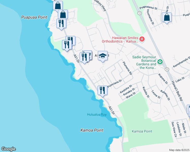 map of restaurants, bars, coffee shops, grocery stores, and more near 76-6168 Holualoa Beach Road in Kailua-Kona