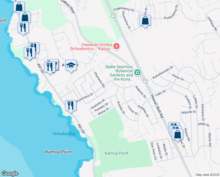 map of restaurants, bars, coffee shops, grocery stores, and more near 76-228A Oma Place in Kailua-Kona