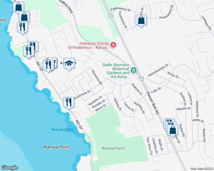 map of restaurants, bars, coffee shops, grocery stores, and more near 76-228A Oma Place in Kailua-Kona