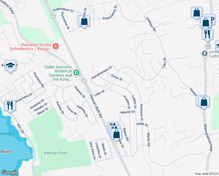 map of restaurants, bars, coffee shops, grocery stores, and more near 77 Pualani Street in Kailua-Kona