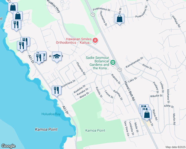 map of restaurants, bars, coffee shops, grocery stores, and more near 76-228A Oma Place in Kailua-Kona