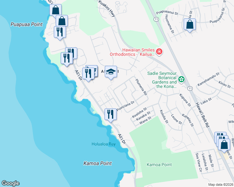 map of restaurants, bars, coffee shops, grocery stores, and more near 76-6184 Plumeria Road in Kailua-Kona
