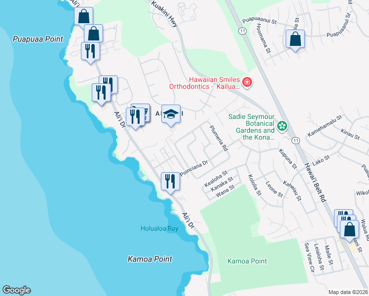 map of restaurants, bars, coffee shops, grocery stores, and more near 76-6193 Pakalana Road in Kailua-Kona