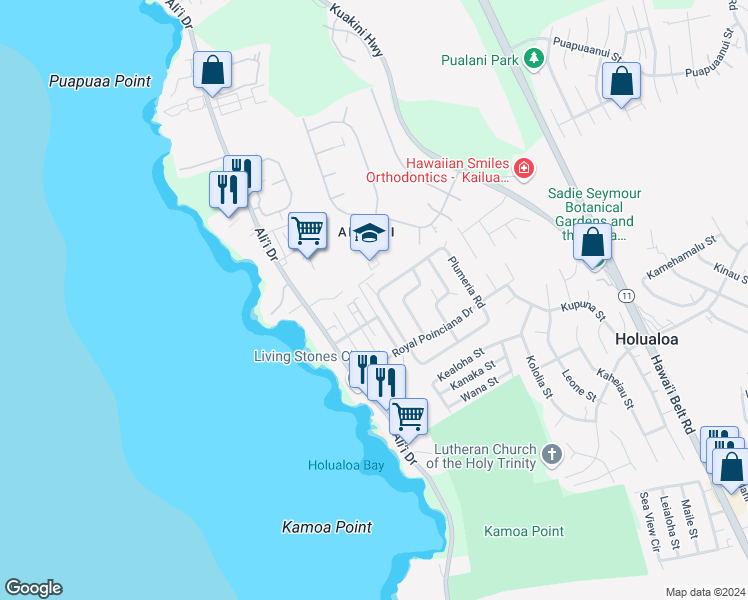 map of restaurants, bars, coffee shops, grocery stores, and more near 76-6184 Plumeria Road in Kailua-Kona