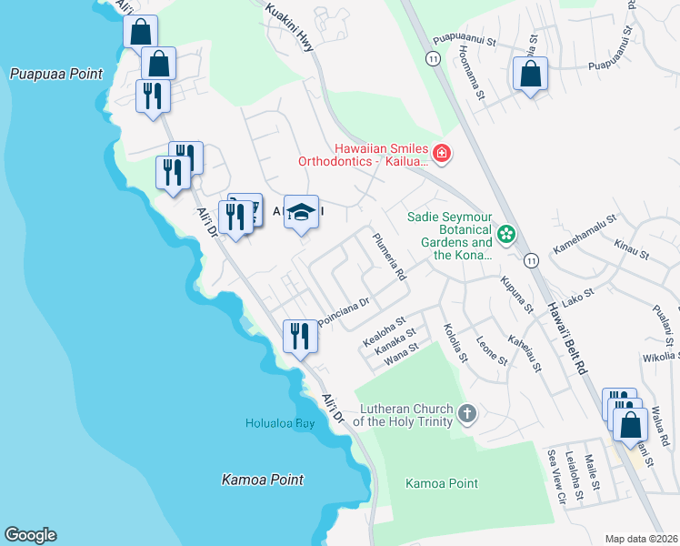 map of restaurants, bars, coffee shops, grocery stores, and more near 76-6193 Pakalana Road in Kailua-Kona