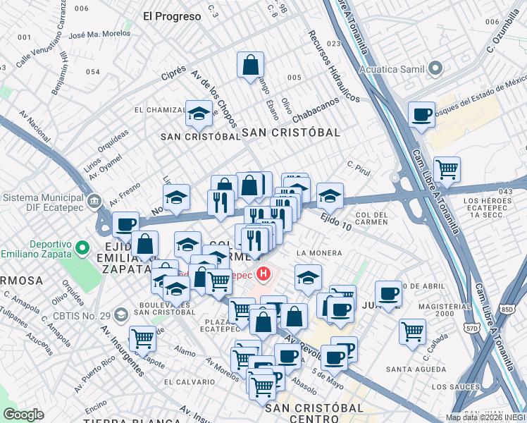 map of restaurants, bars, coffee shops, grocery stores, and more near in Texcoco de Mora