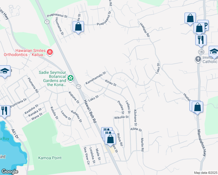 map of restaurants, bars, coffee shops, grocery stores, and more near 76-4341 Leilani Street in Kailua-Kona