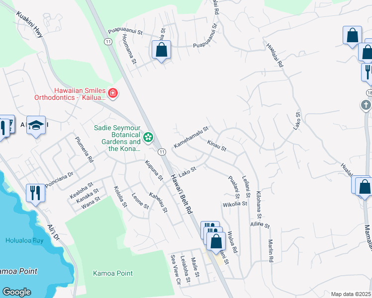 map of restaurants, bars, coffee shops, grocery stores, and more near 76-4310 Leilani Street in Kailua-Kona