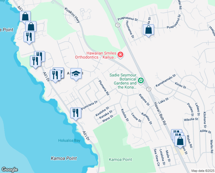 map of restaurants, bars, coffee shops, grocery stores, and more near 76-6127 Royal Poinciana Way in Kailua-Kona