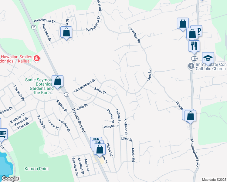map of restaurants, bars, coffee shops, grocery stores, and more near 76-6332 Kilohana Street in Kailua-Kona