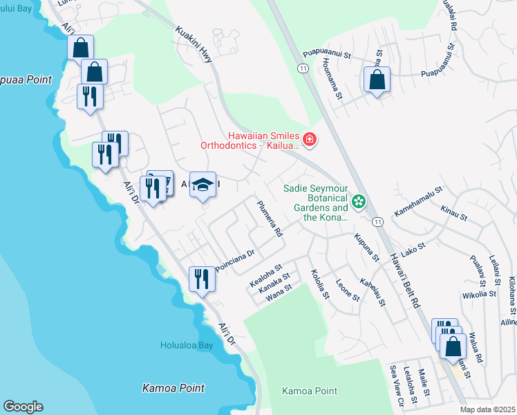 map of restaurants, bars, coffee shops, grocery stores, and more near 76-6133 Plumeria Road in Kailua-Kona